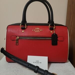 Coach Red and Black Leather Rowan Satchel with Gold Hardware